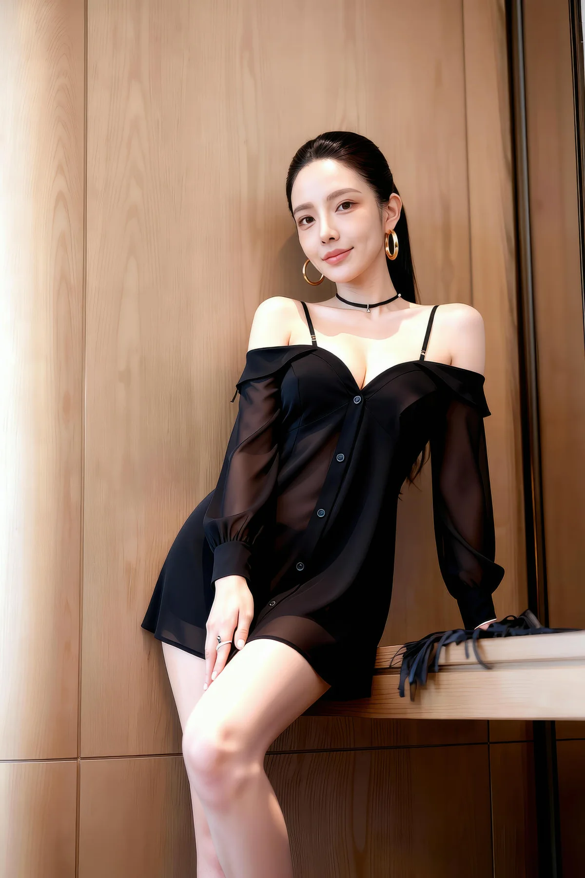 AIG  No.377 米妹香肩黑色衬衫 - 20
