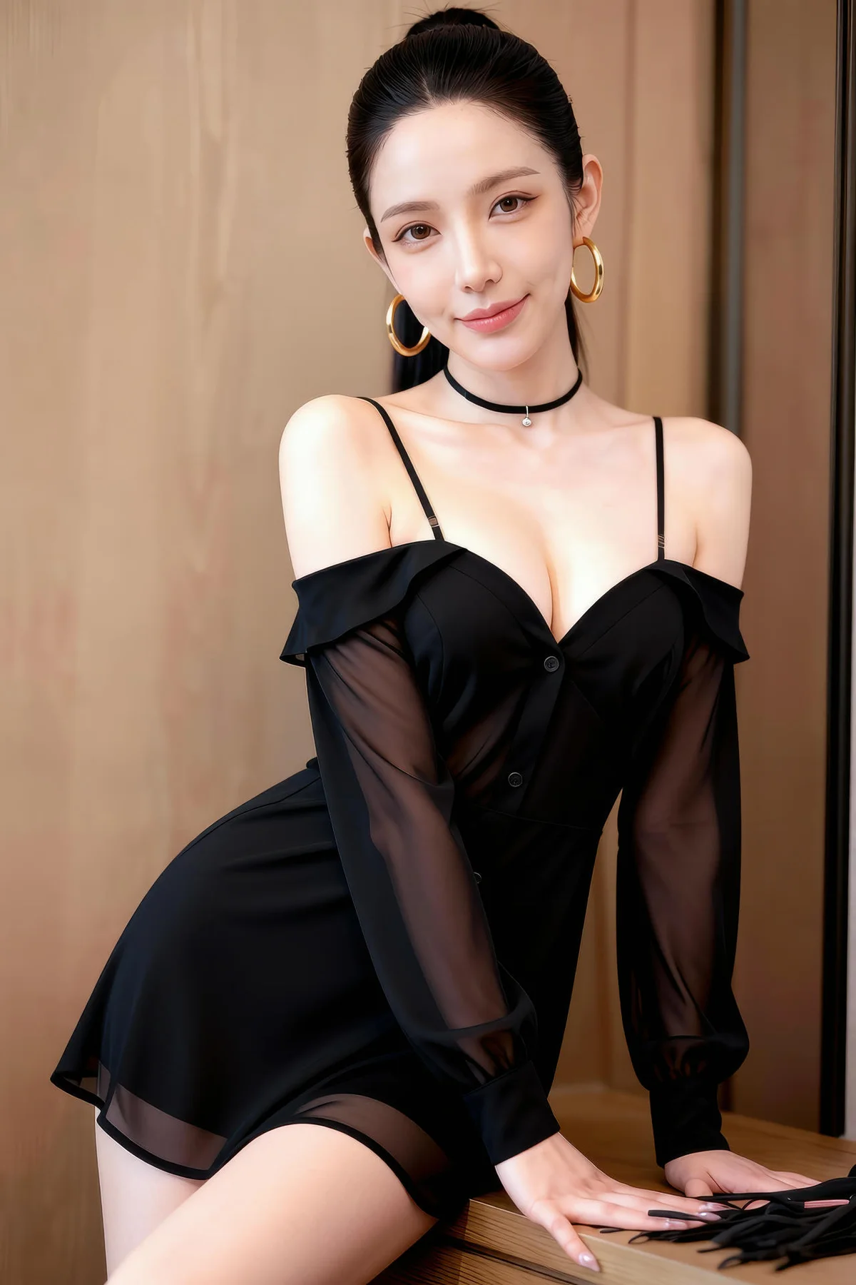 AIG  No.377 米妹香肩黑色衬衫 - 22