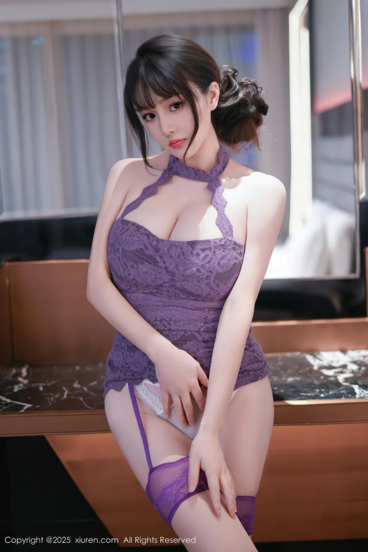 XiuRen 秀人 No.11057 沈南汐RuRu 紫色连衣短裙吊袜黑丝 - 21