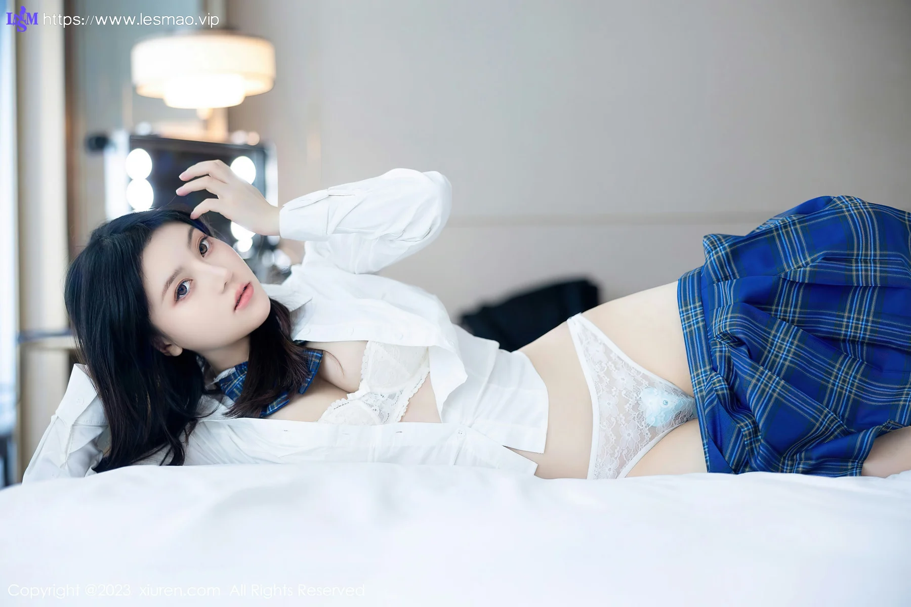 XiuRen 秀人 No.7754  豆瓣酱 白色蕾丝蓝色格子短裙写真111 - 64