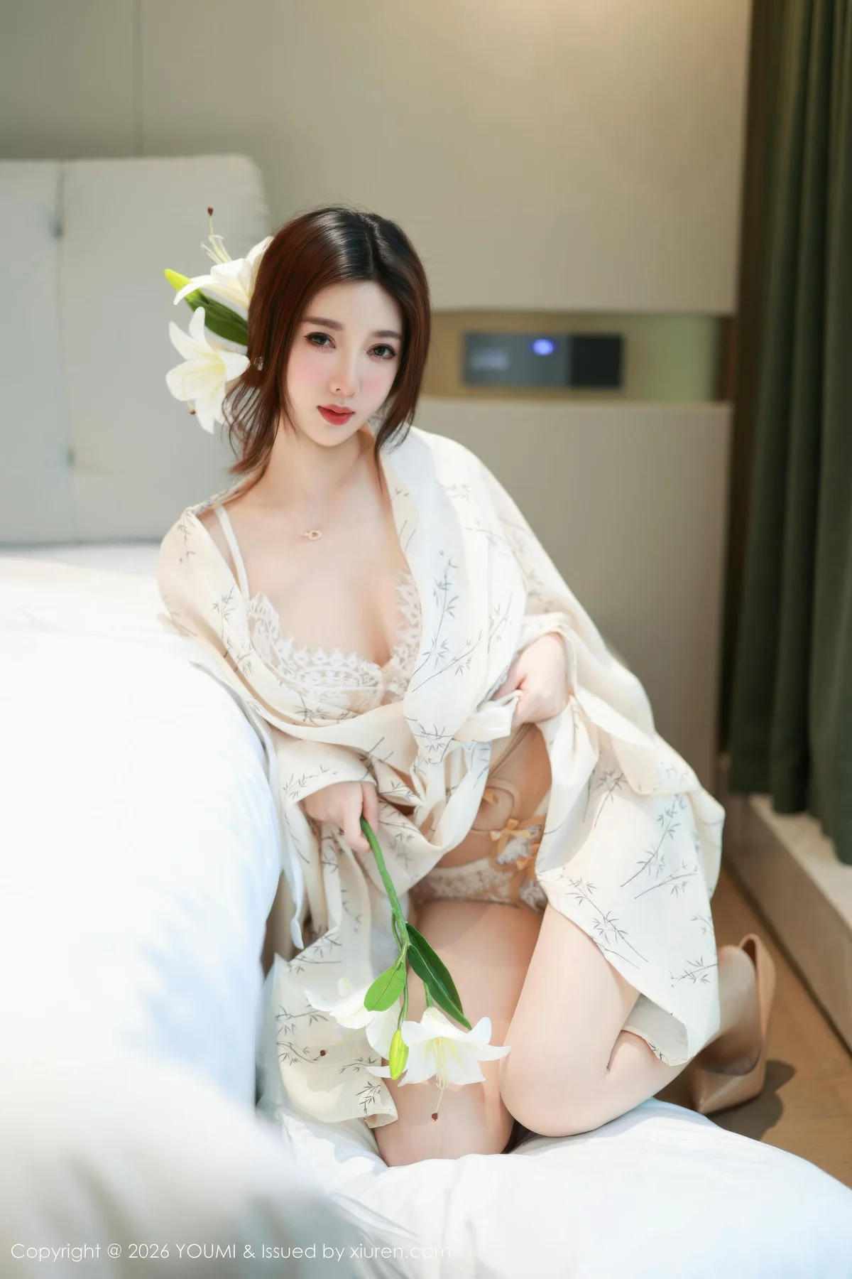 YOUMI 尤蜜荟 Vol.1201 Twins桃桃 白色蕾丝内衣 - 11